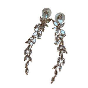 Rose Gold Crystal Leaf Dangle Earrings Long Drop Bridal Jewelry Statement Prom